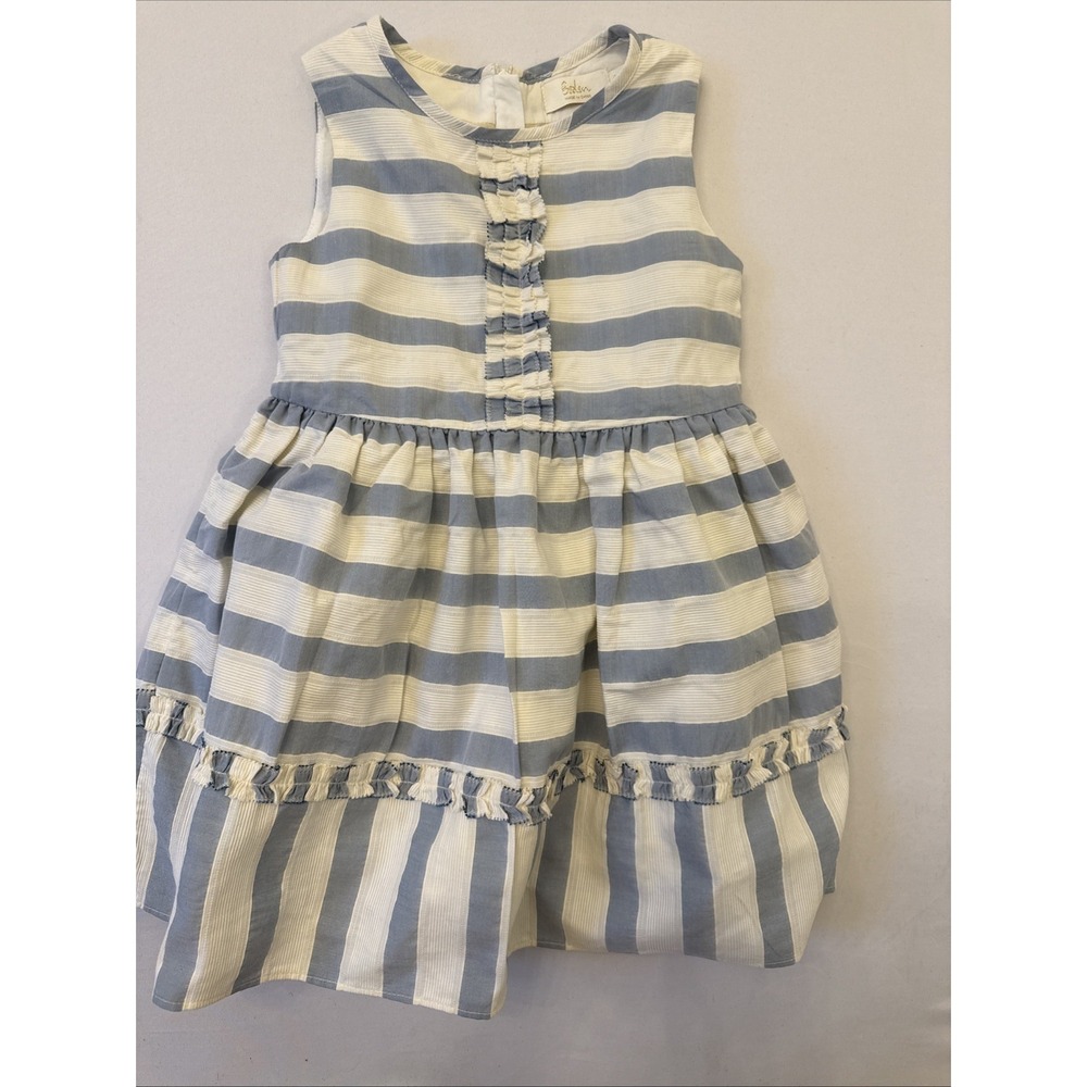 Boden Girls Sleeveless Blue White Striped Ruffle Dress Size 4-5y
